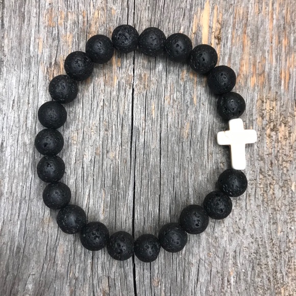 Jewelry - Black Lava Bead White Christian Cross Bracelet